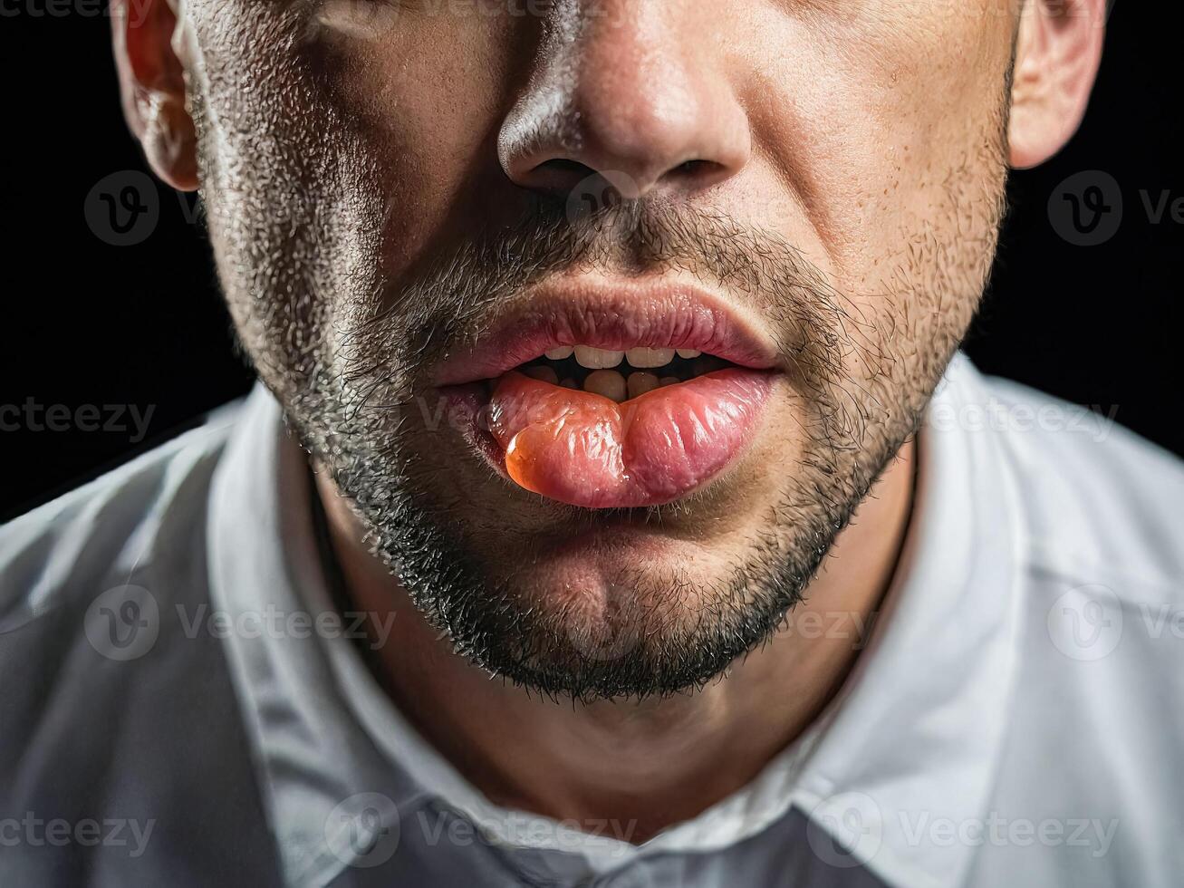 Close-Up of a Mans Lips with a Visible Swelling photo