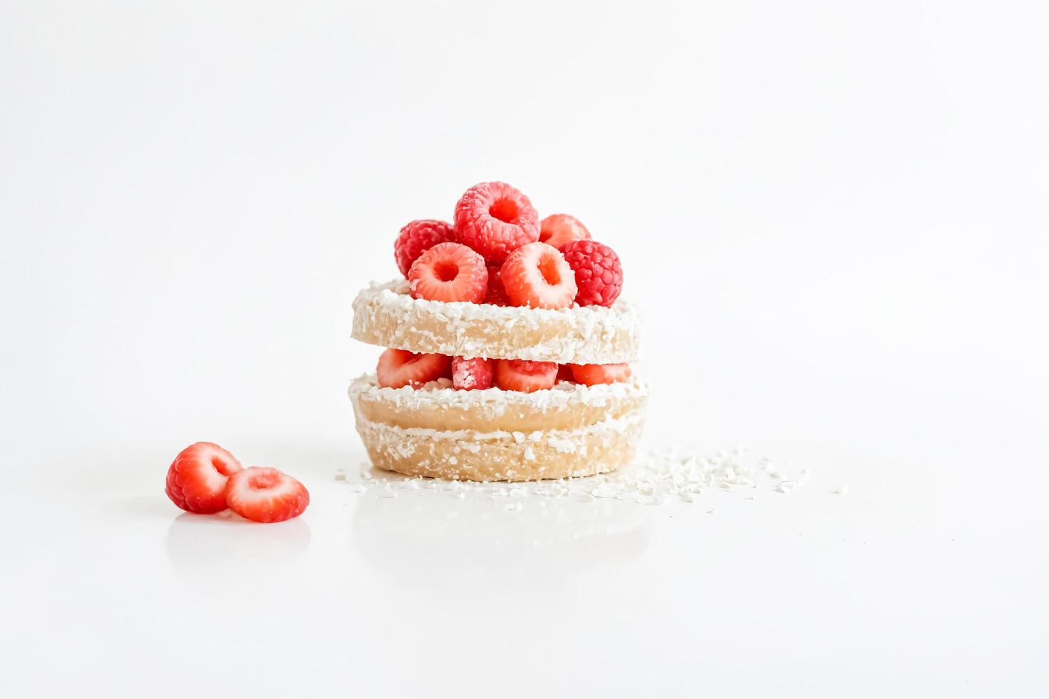 Stacked Coconut-Dusted Cakes Topped with Raspberries photo