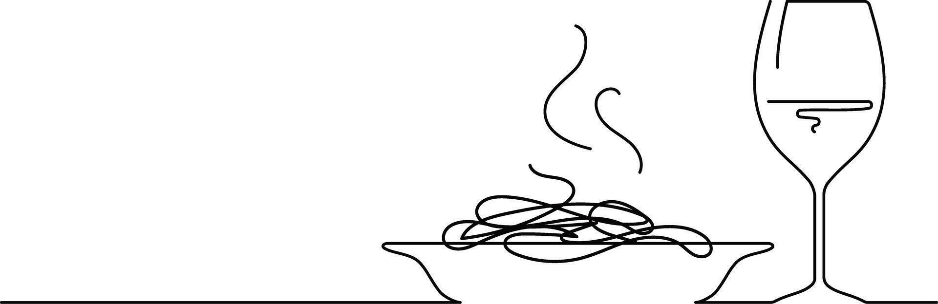 One line black and white fast drawing first course glass of wine and food plate vector