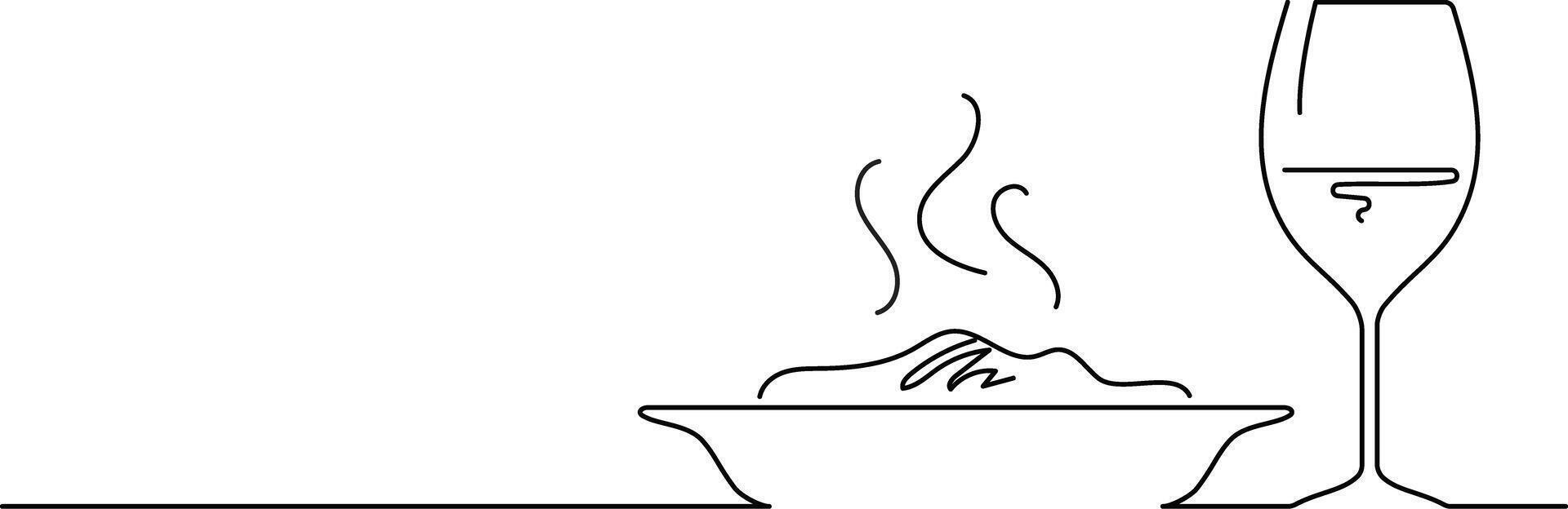 One line black and white fast drawing first course glass of wine and food plate vector
