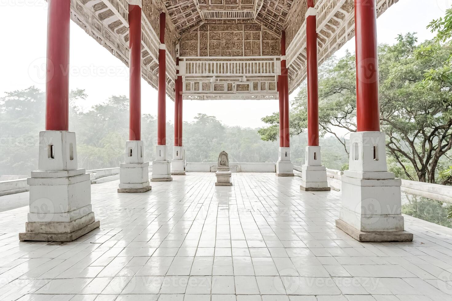 Ancient Chinese Pavilion With Red Columns and White Tiles photo