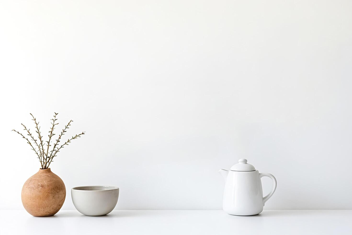 Minimalist White and Brown Still Life with Teapot and Vase photo
