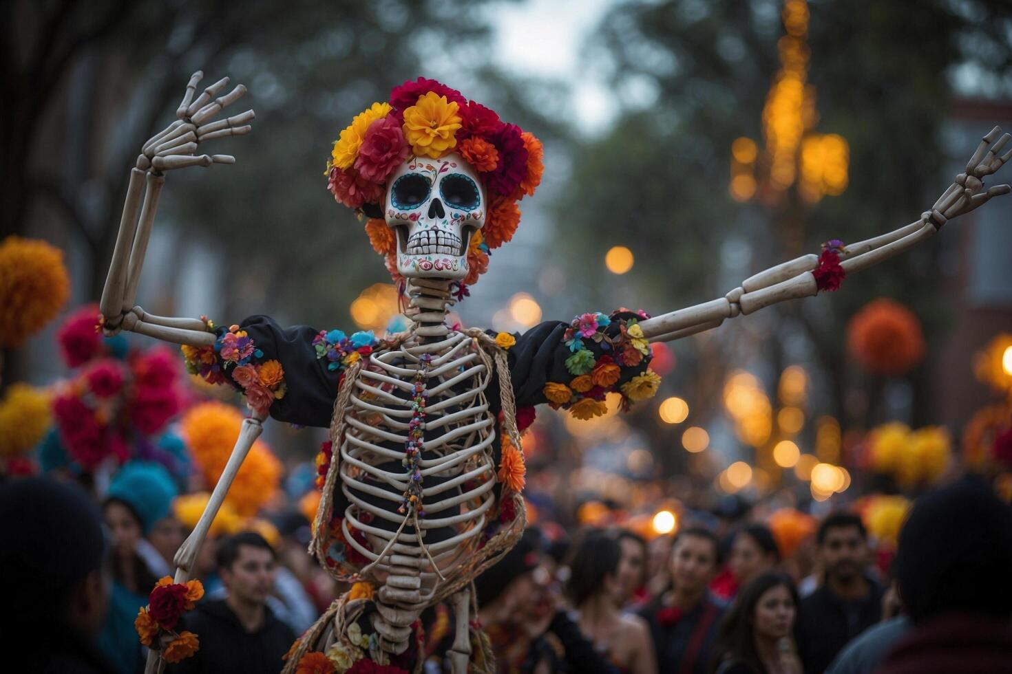 Skeleton in Flower Crown at Day of the Dead Parade photo