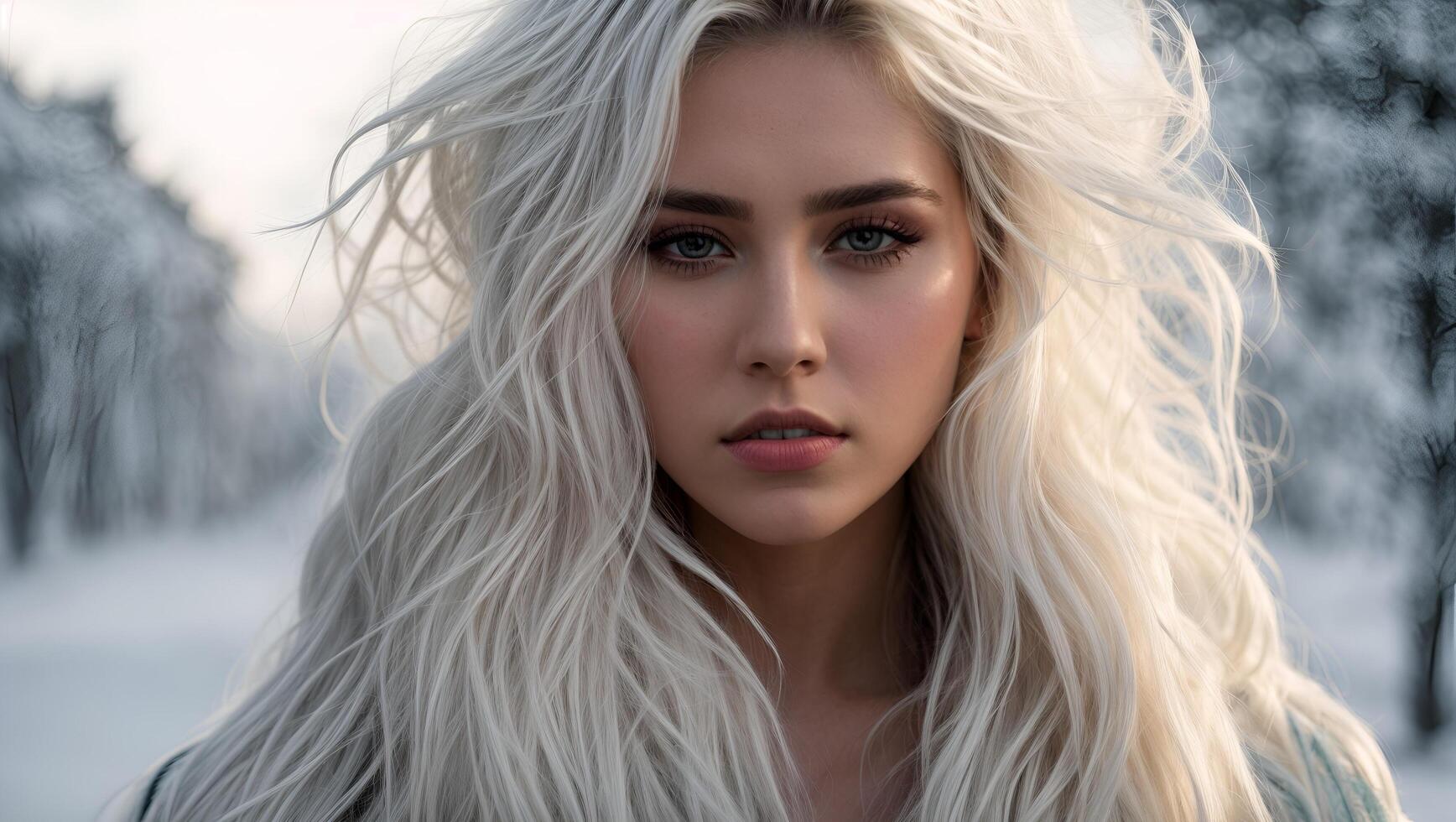 Portrait of a Woman with Long Blonde Hair in a Snowy Forest photo