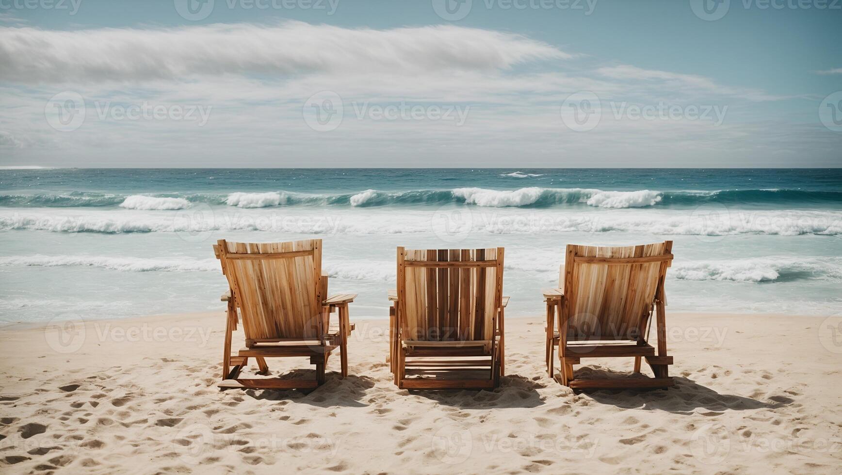 Wooden chairs on a beach with waves crashing in the background photo