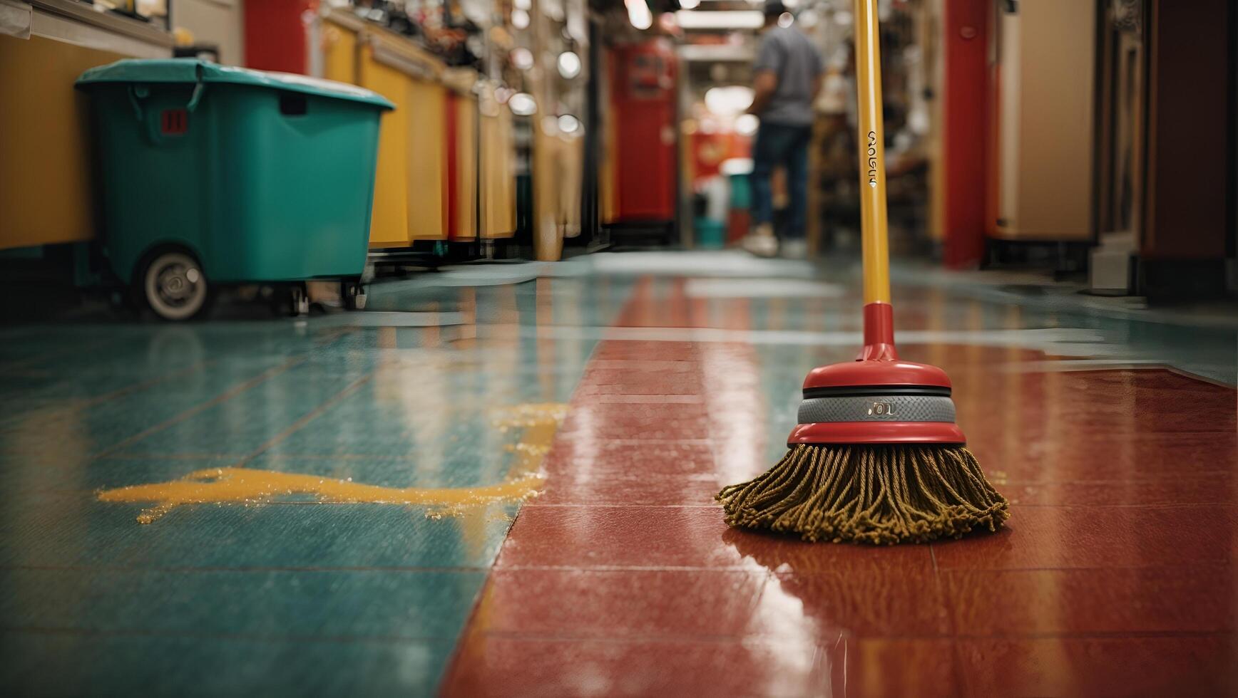 Closeup of a Broom on a Wet Floor photo
