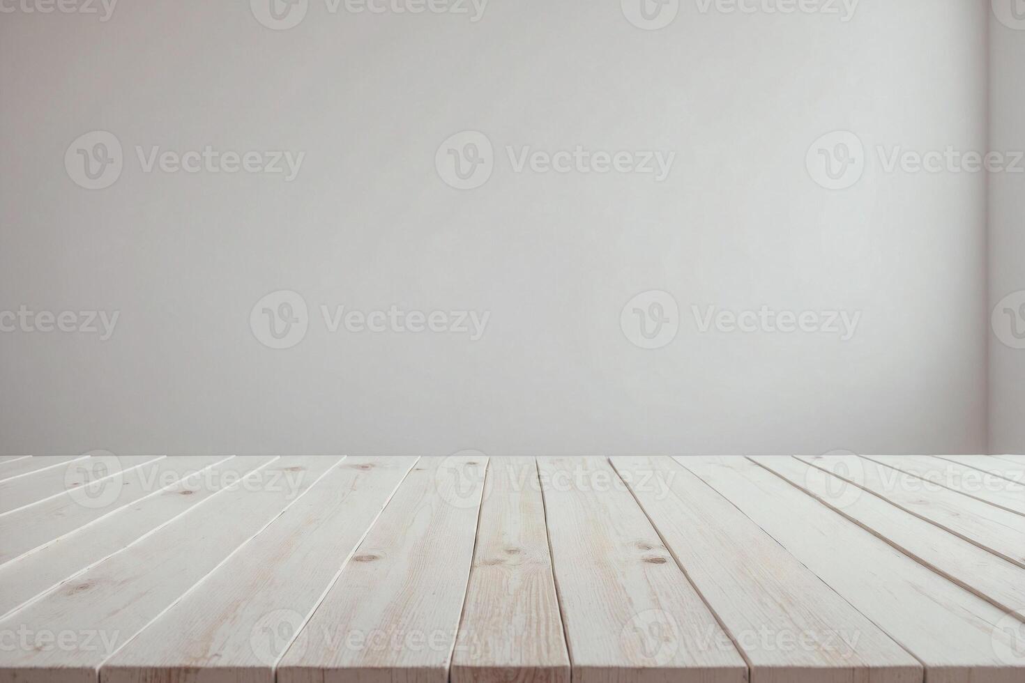 White Wooden Table Top with Blank Wall Background photo