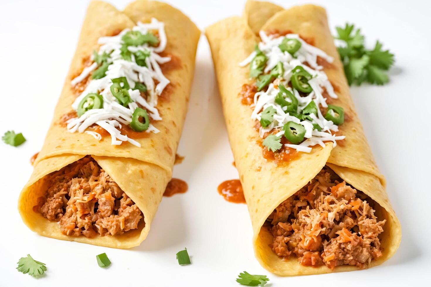 Two Mexican Burritos with Cheese, Salsa and Cilantro photo