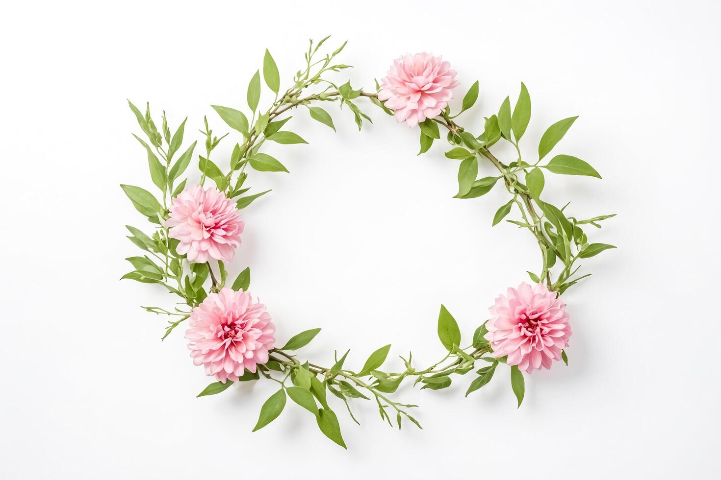 Floral Wreath with Pink Flowers and Green Leaves on White Background photo