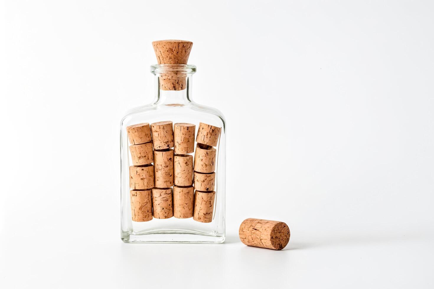 Glass Bottle Filled with Wine Corks on White Background photo