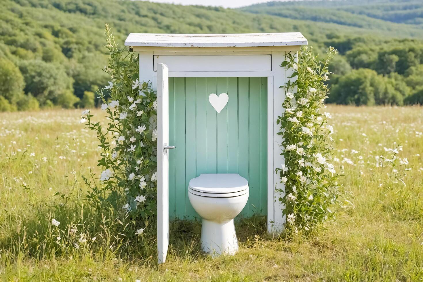 Rustic Toilet in a Field of Flowers photo