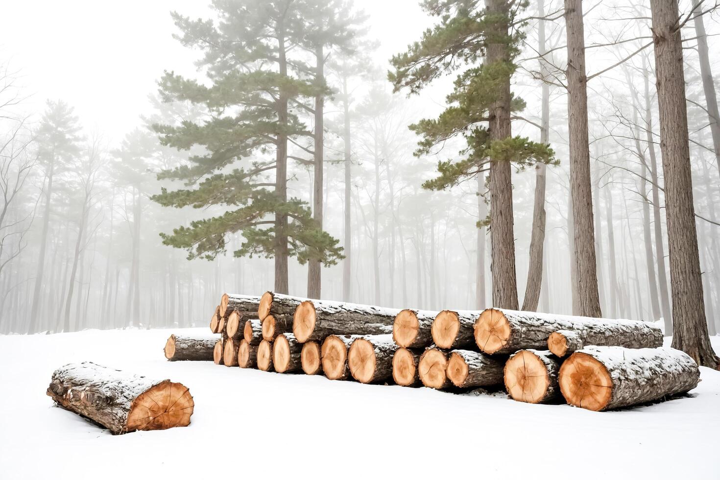 Stack of Logs in a Foggy Forest photo