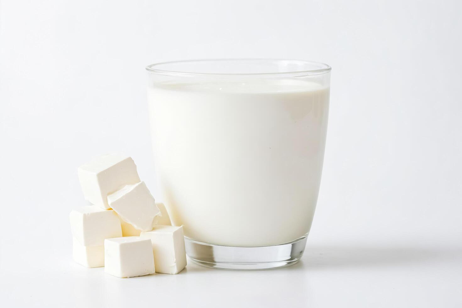 Glass of Milk with Cubes of Cream Cheese on White Background photo