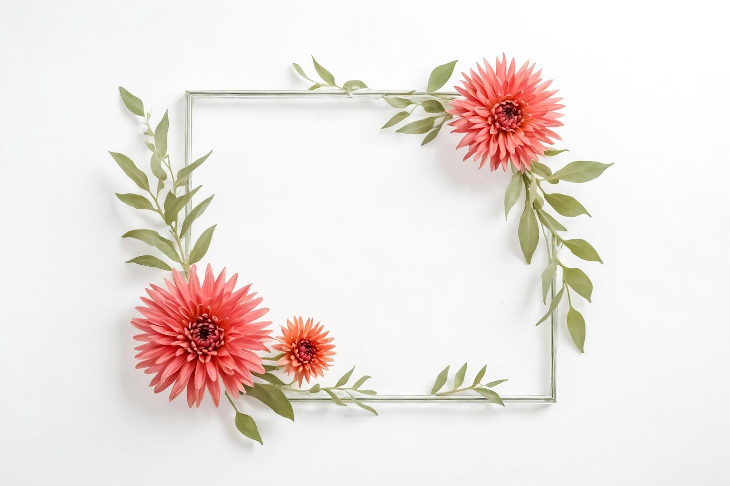 Pink Flowers and Greenery Border a Silver Frame on White Background photo