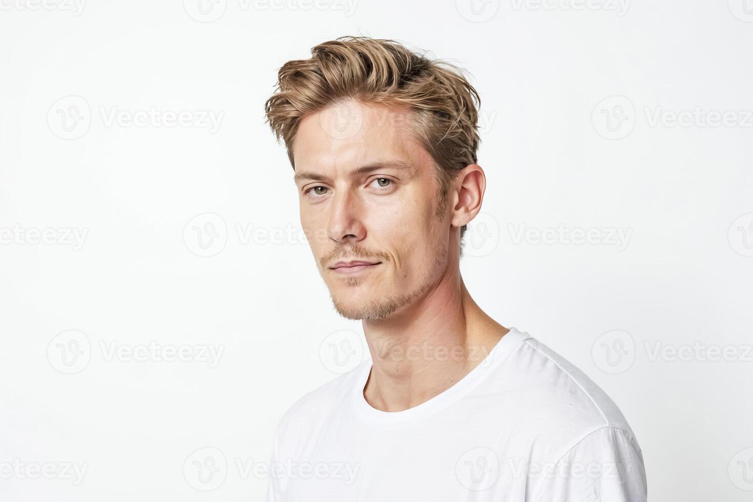 Portrait of a young man with blonde hair looking at the camera photo