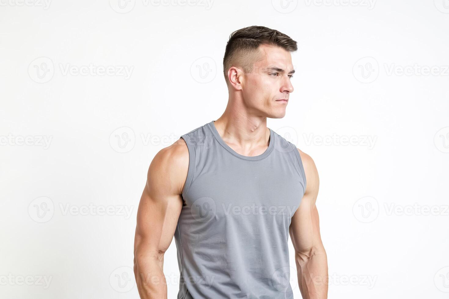Muscular Man in a Gray Tank Top Looking Away photo