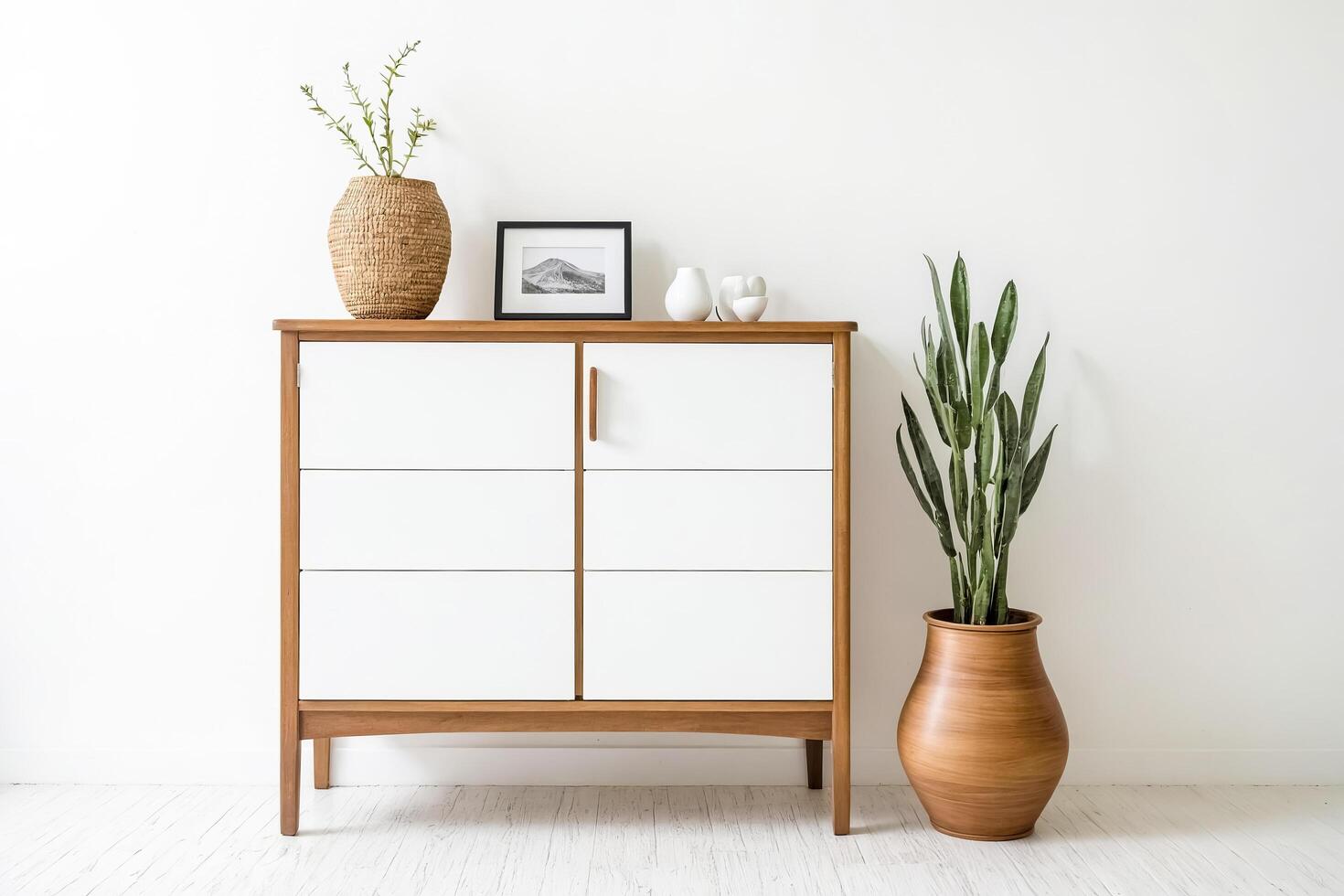 Minimalist White Cabinet with Wooden Accents and Green Plants photo