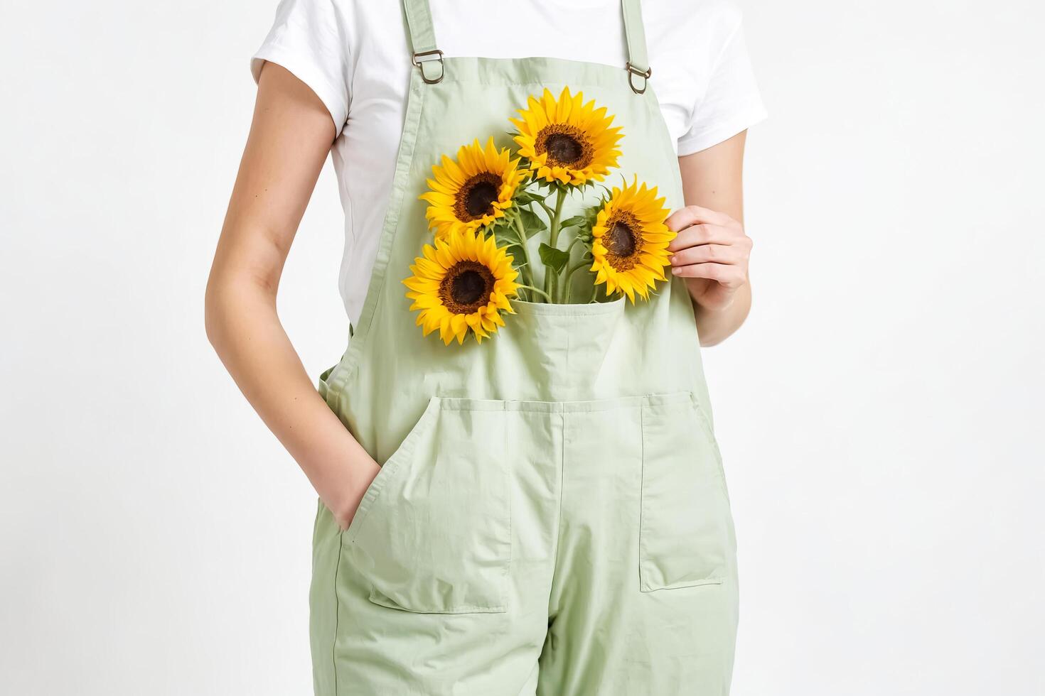 Woman in Green Overalls Holding Sunflowers photo