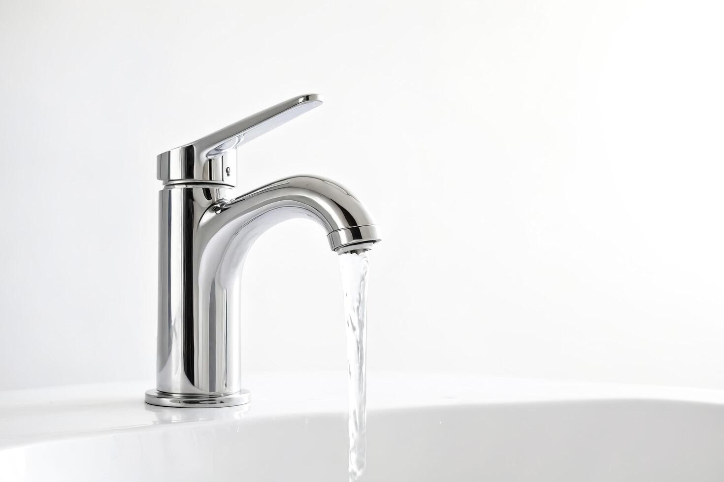 Water flowing from a chrome faucet into a white sink photo