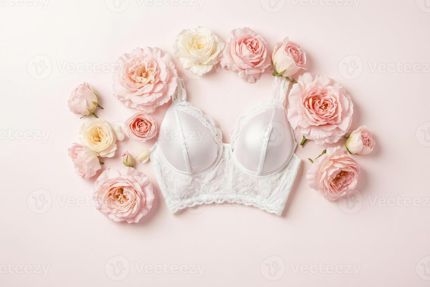White Lace Bra with Pink Roses on Pink Background photo
