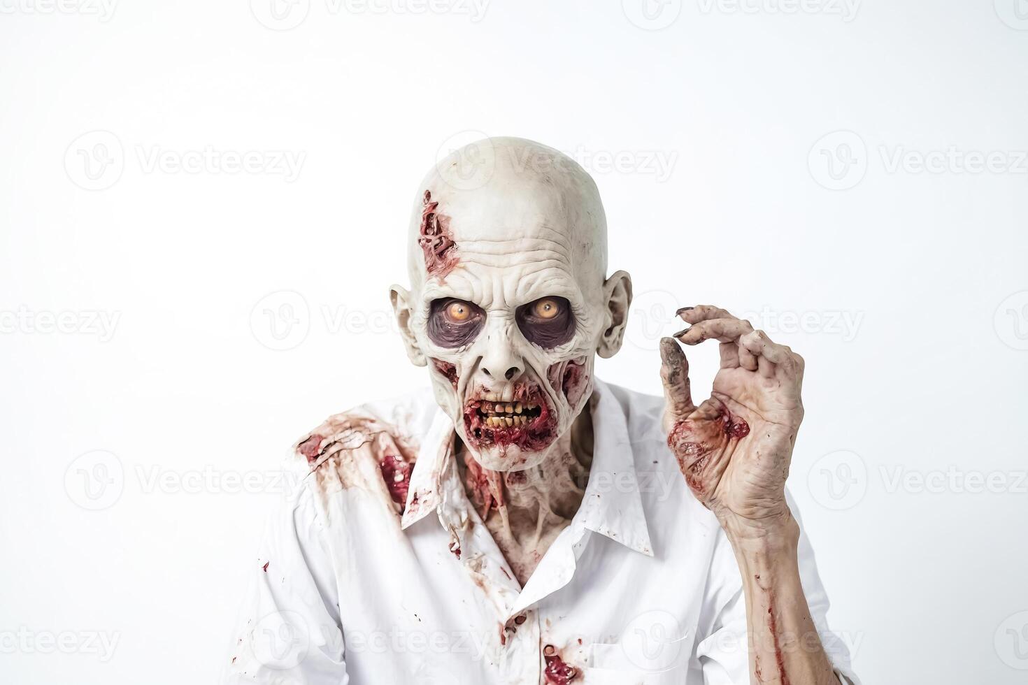 Close-up of a zombie man with blood on his face and shirt photo