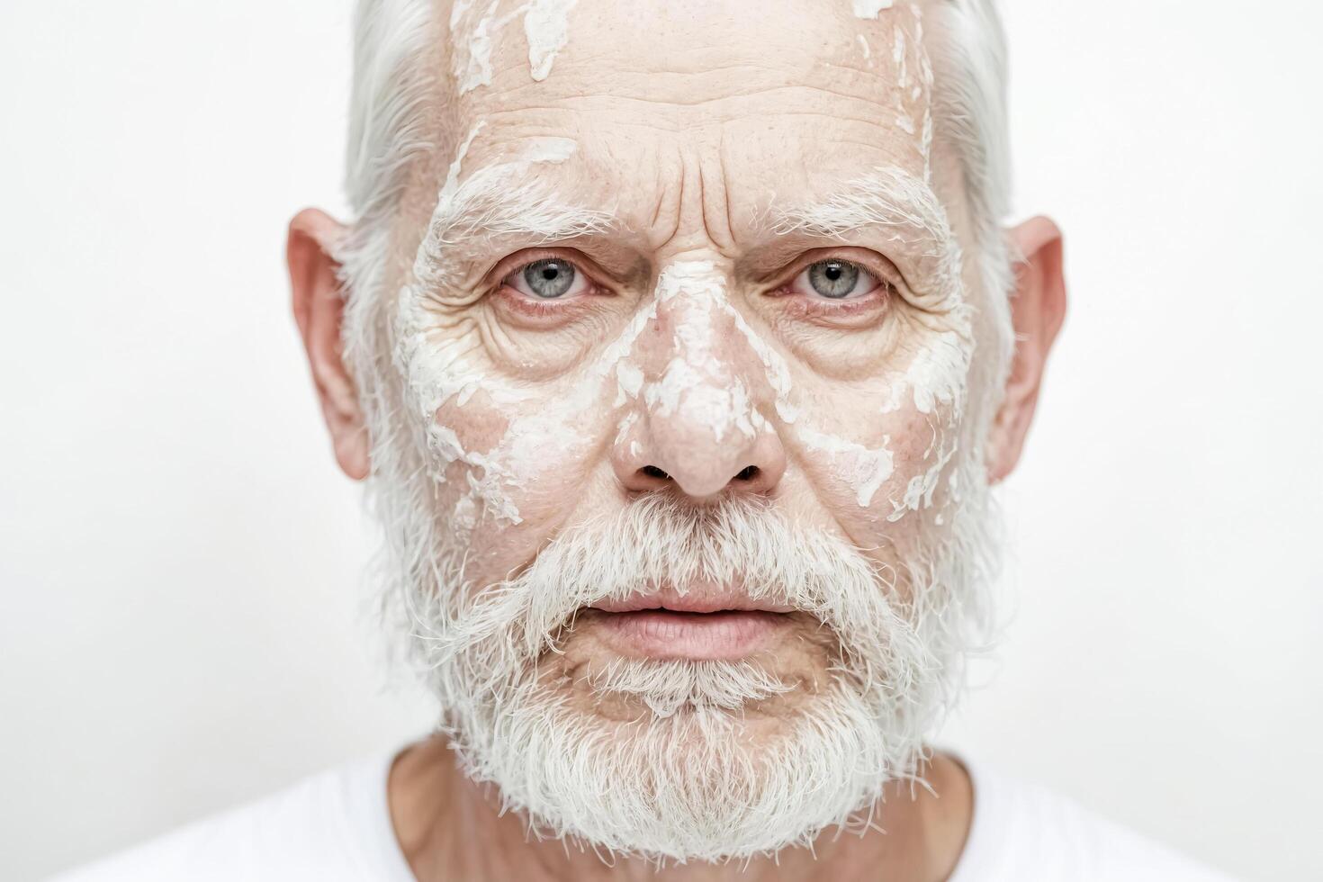 Close-up portrait of a senior man with white cream on his face photo