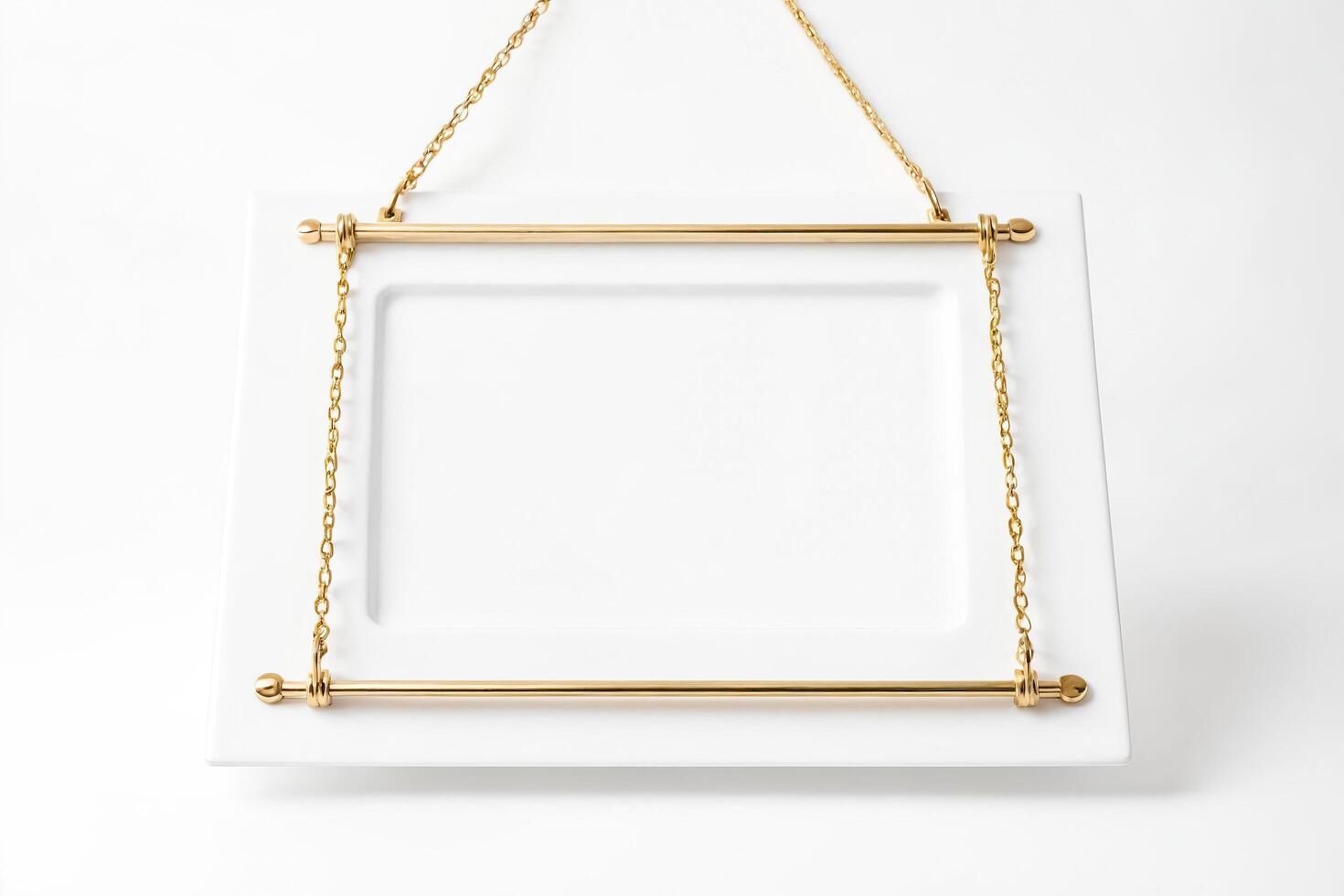 Blank White Sign with Golden Chains and Bar photo
