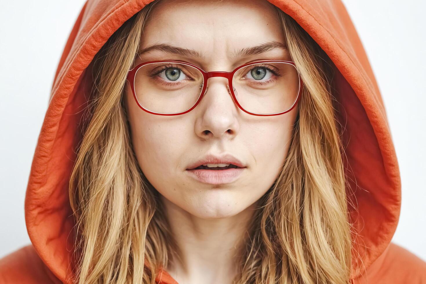 Close-up Portrait of a Young Woman Wearing a Red Hoodie and Glasses photo