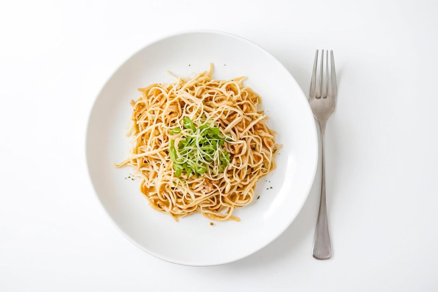 Close up of a plate of noodles with a fork photo