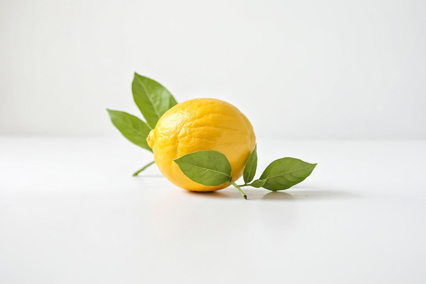 Single Lemon with Green Leaves on White Background photo