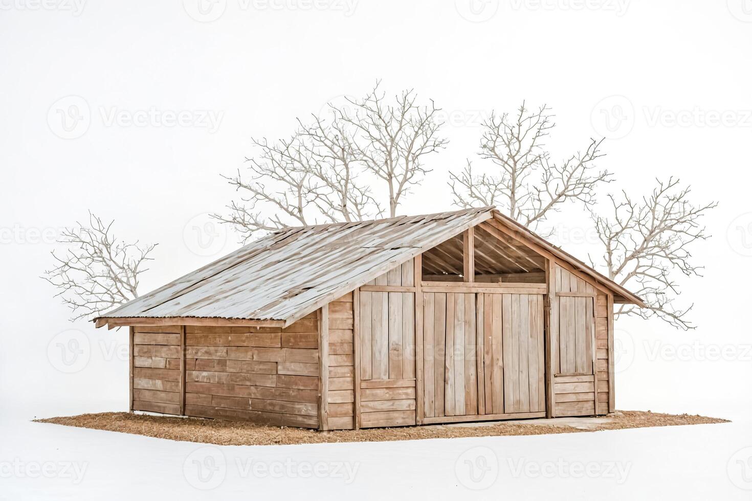 Rustic Wooden Cabin with Dead Trees in Front photo