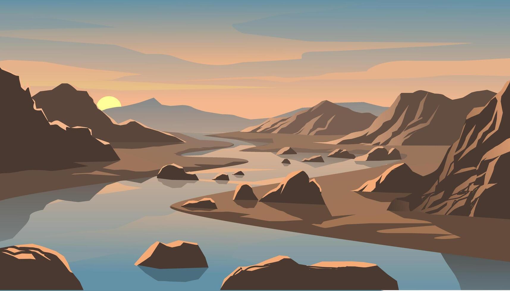 Beautiful river sunset with mountain and rocks vector