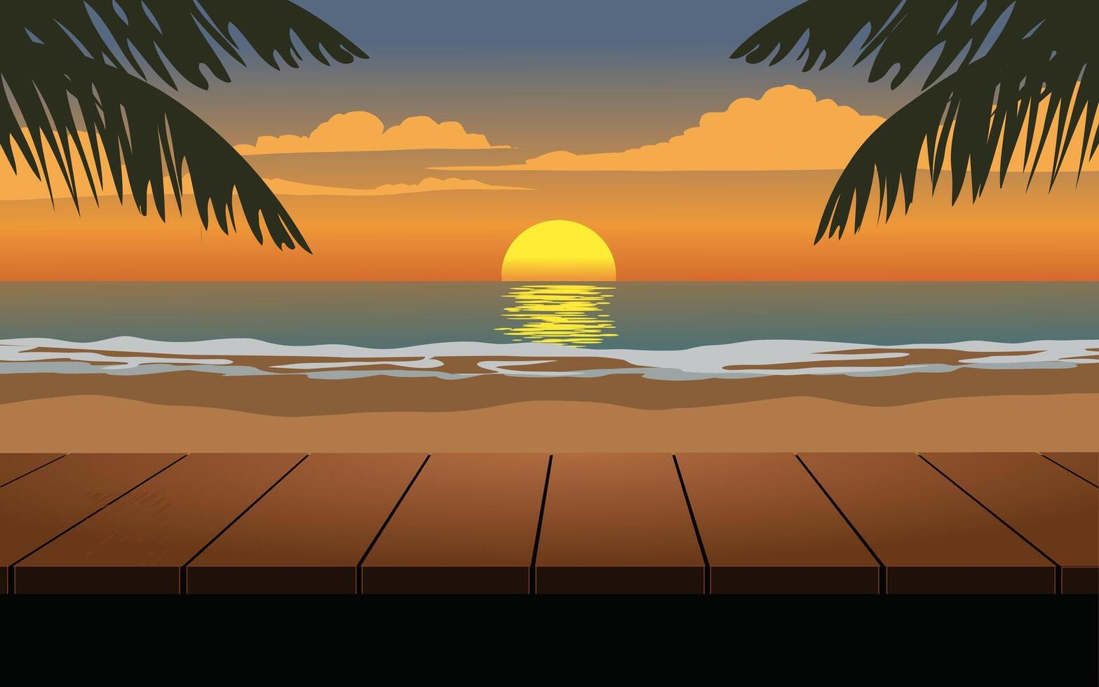Tranquil beach sunset view with wooden dock and palm trees vector