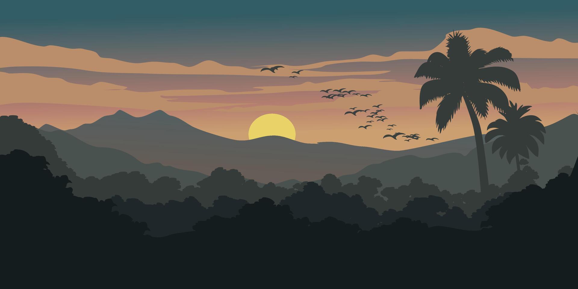 Beautiful sunset over tropical forest with palm trees and mountains in the background vector