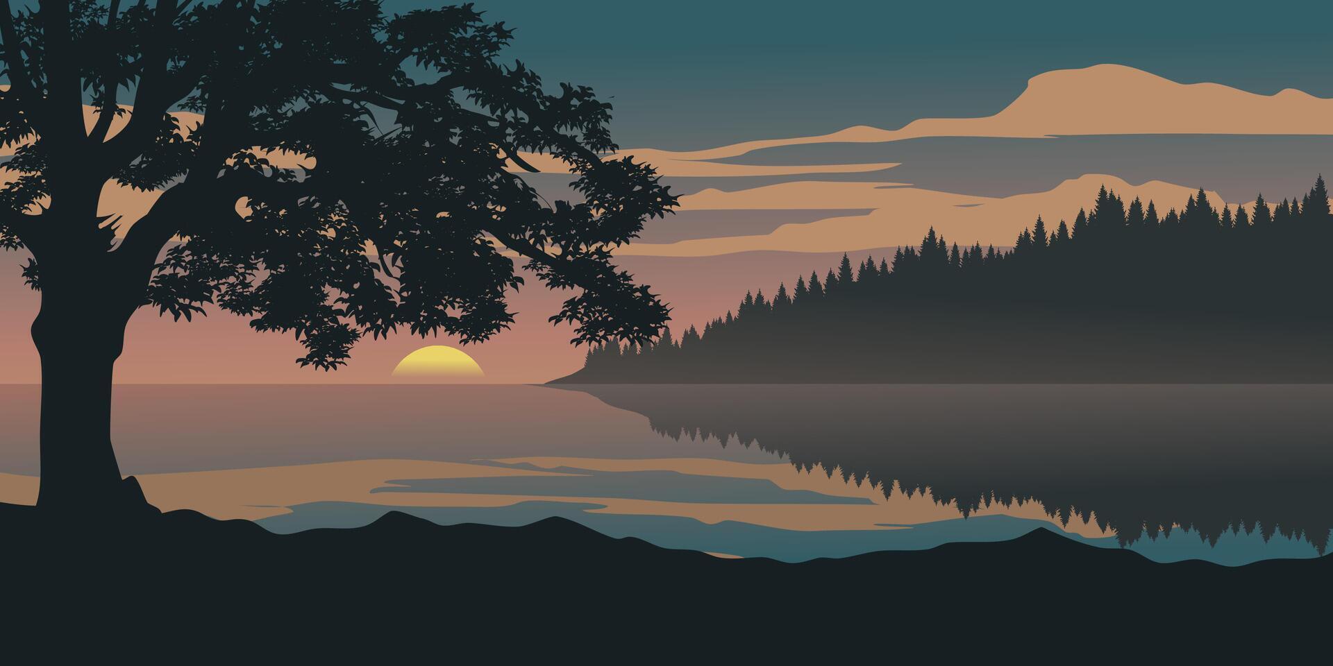 Beautiful sunset viiew at lake with a tree vector