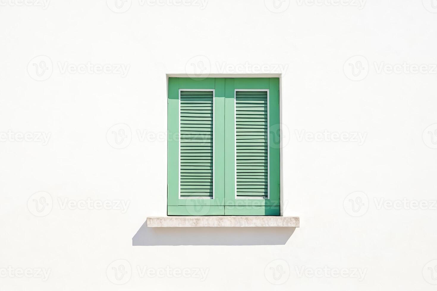 Green Window with Shutters on White Wall photo