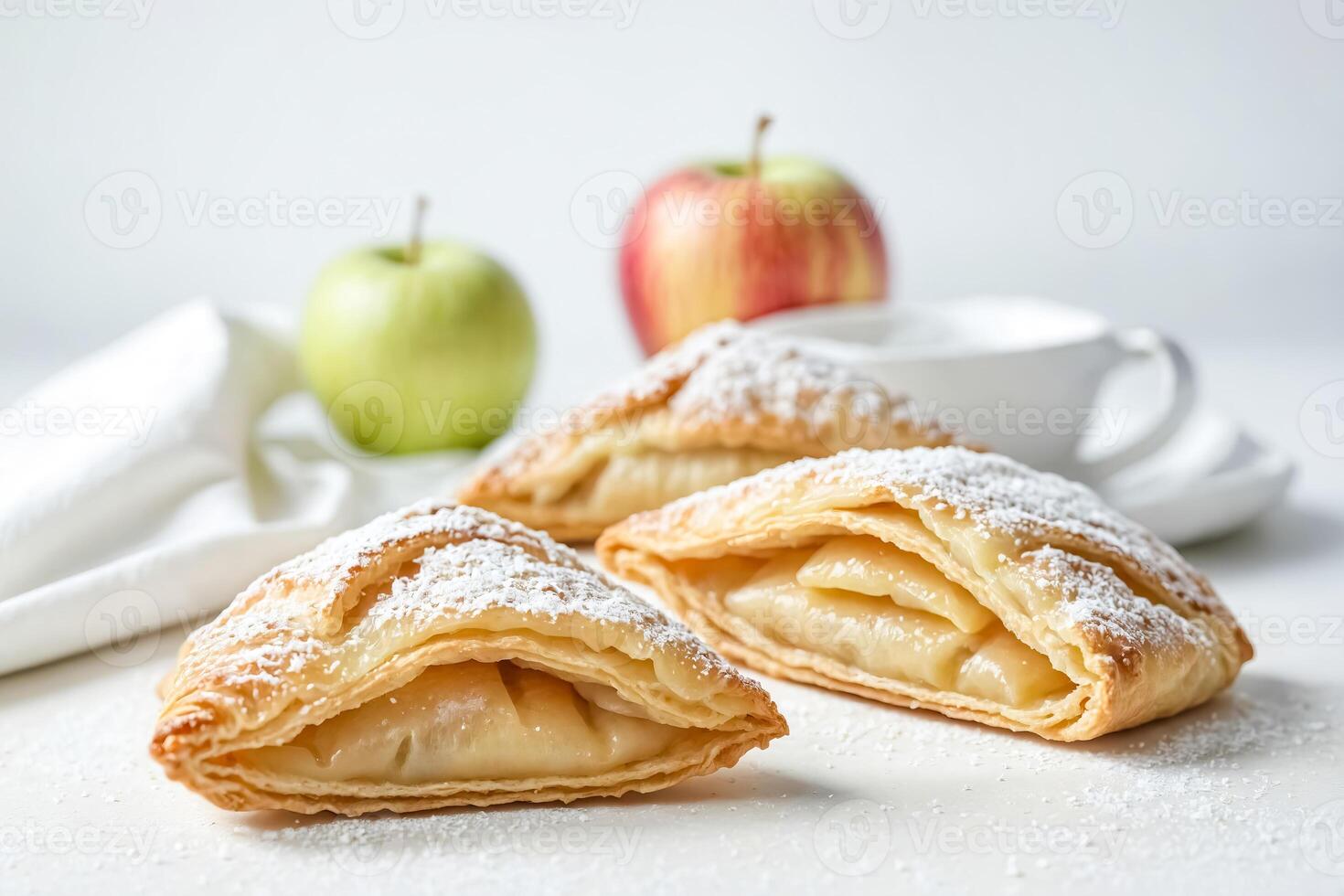 Close-up of two puff pastries with powdered sugar, apple filling and apples in the background photo