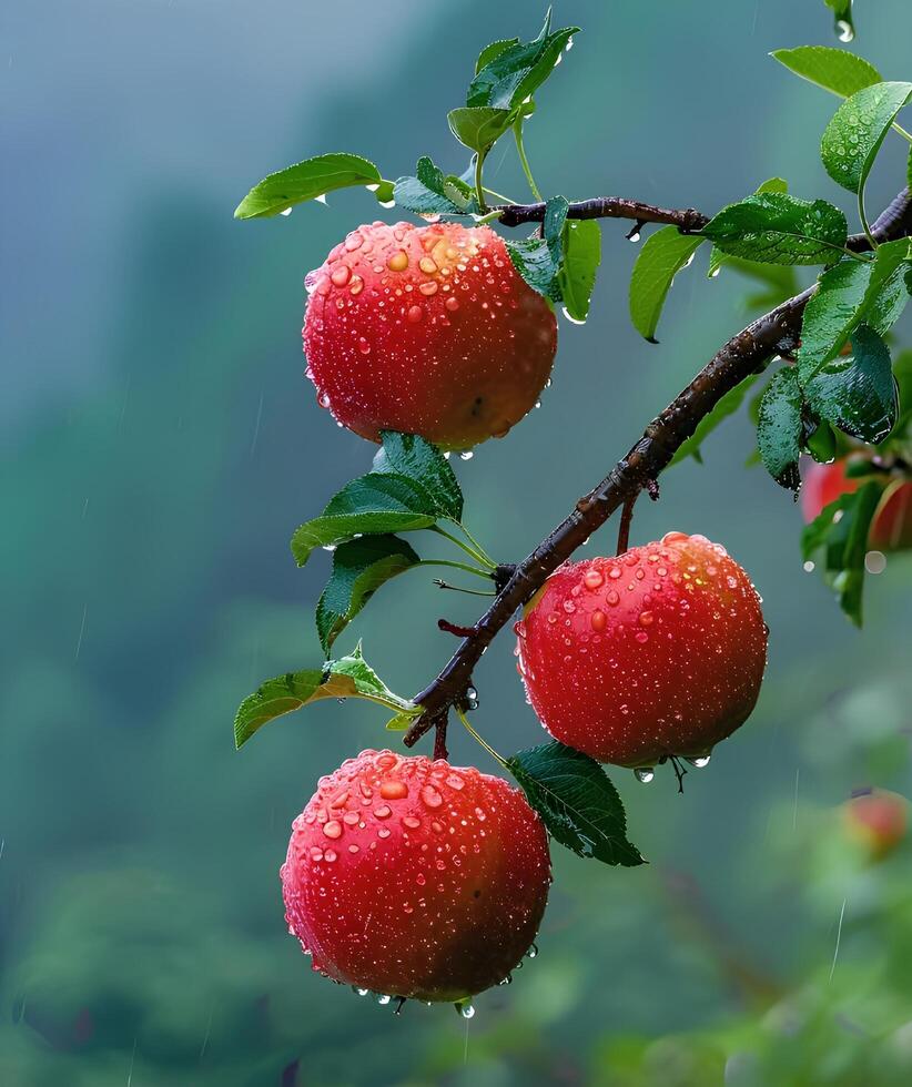 Red Apples with Green Leaves photo