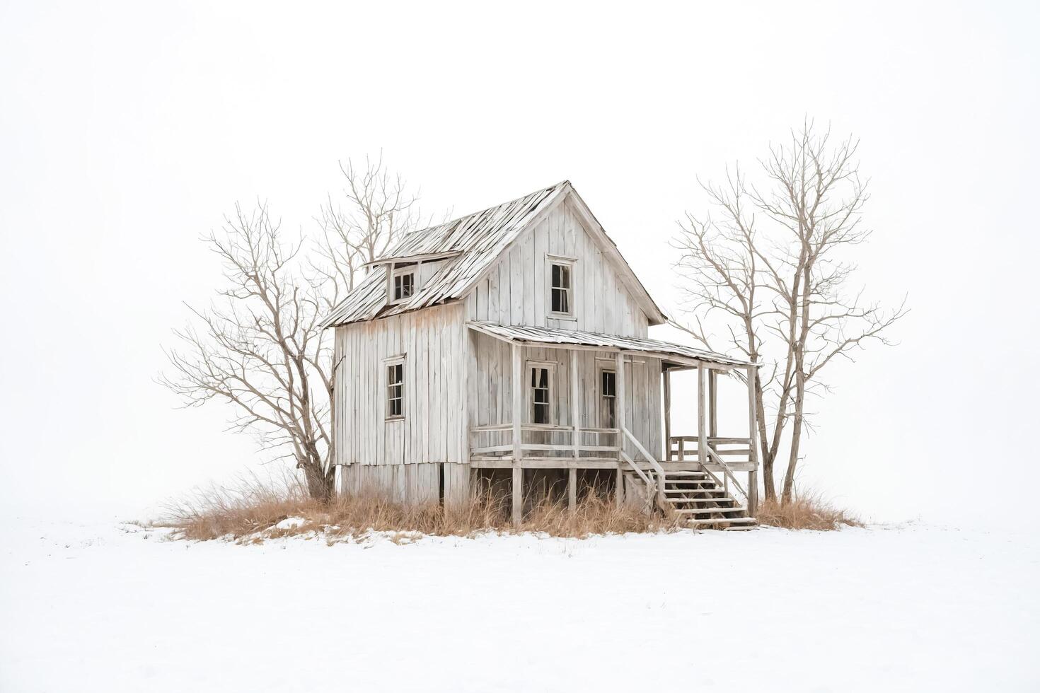 Abandoned Wooden House in a Snowy Field photo