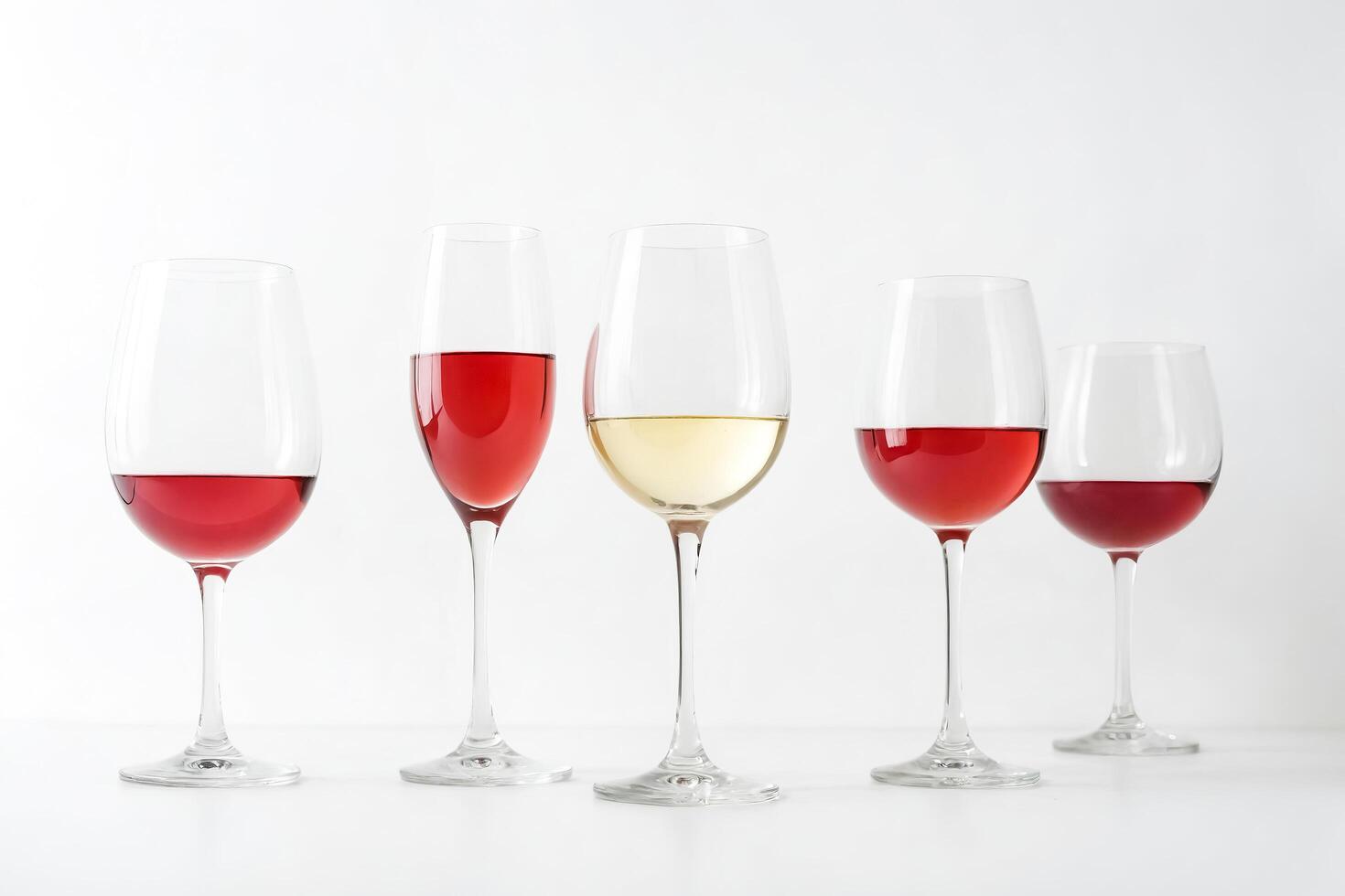 Four wine glasses with red and white wine on a white background photo