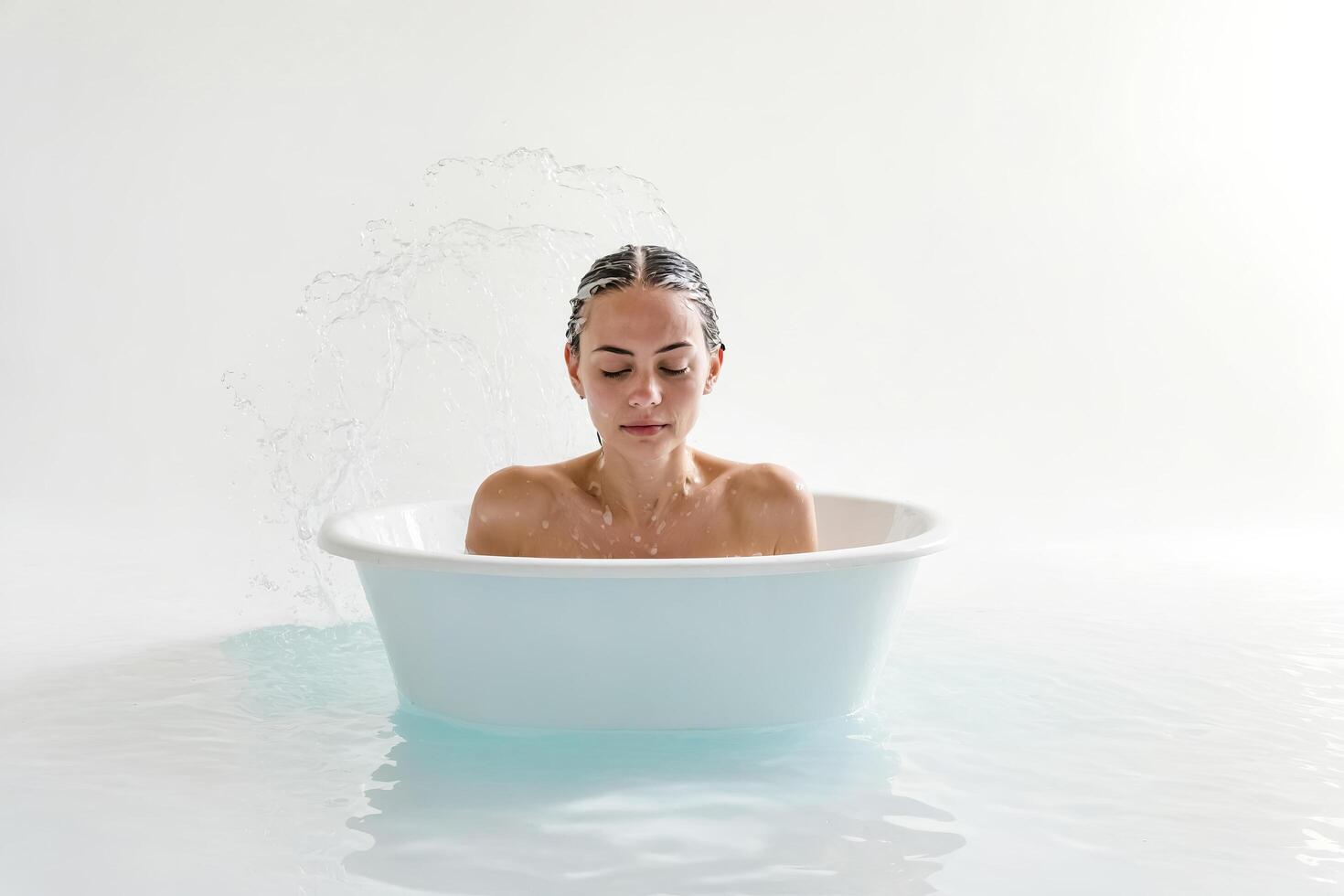 Woman in bathtub with water splashing over her photo