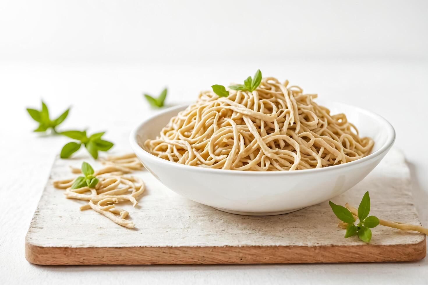 Bowl of Cooked Noodles with Basil Garnish photo
