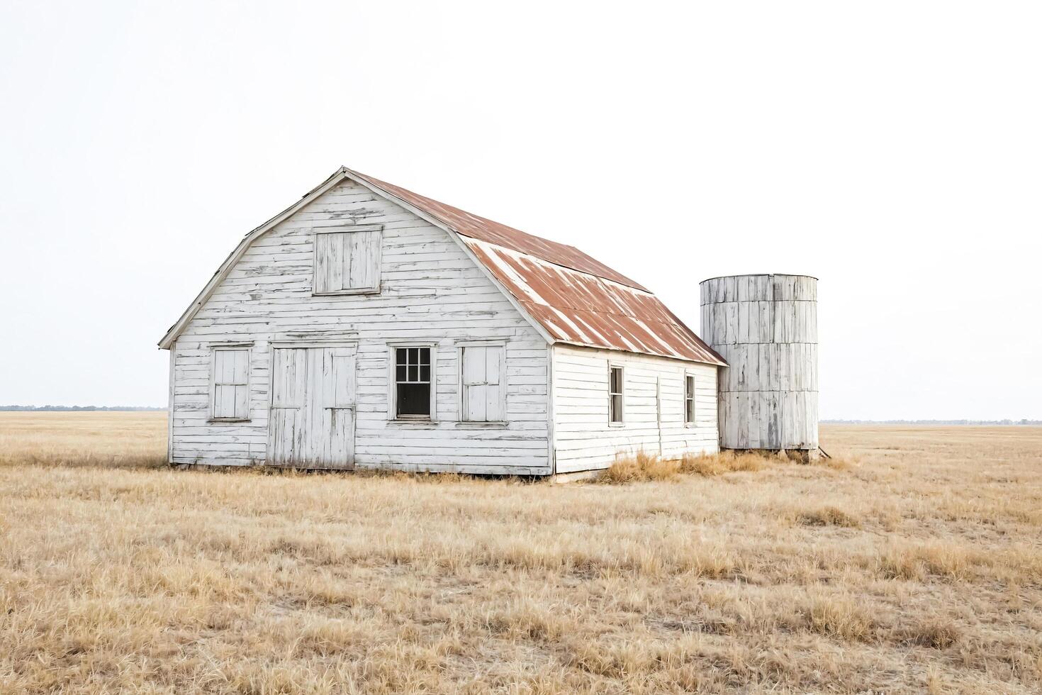 White Barn in a Field of Dry Grass photo