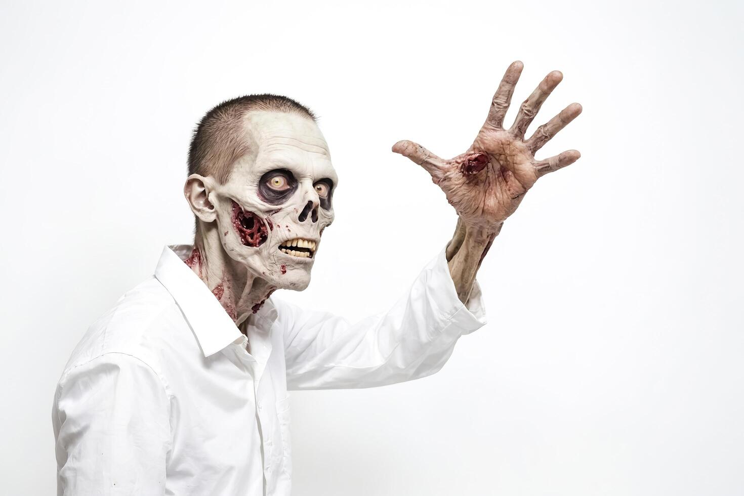 Zombie man with bloody hand reaching out isolated on white background photo
