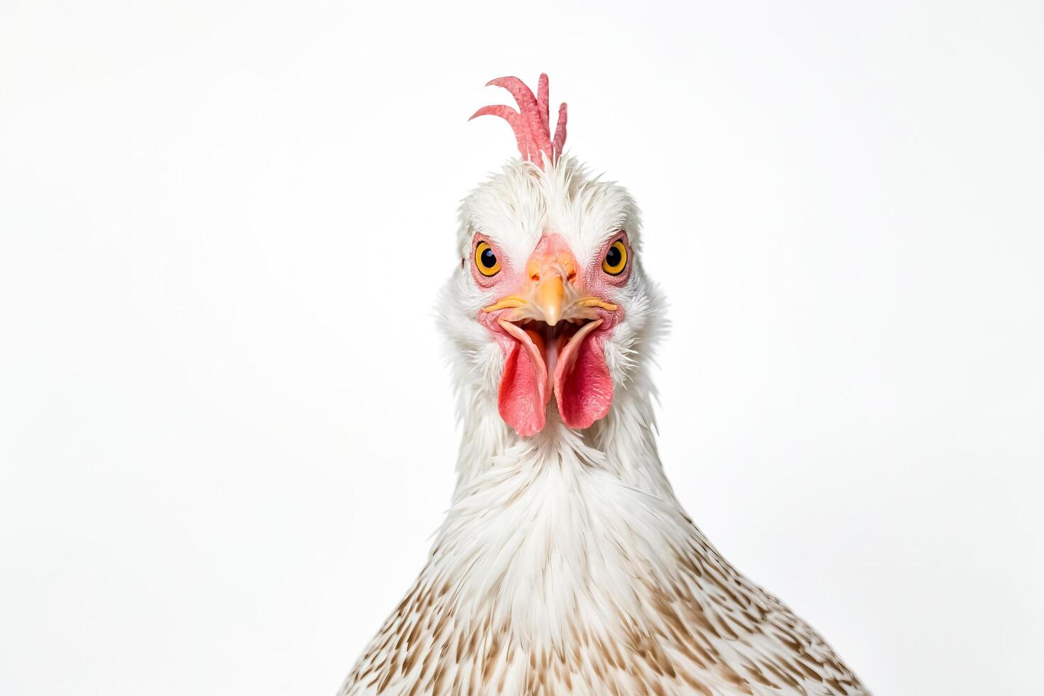 Close-up of a chicken with its mouth open photo