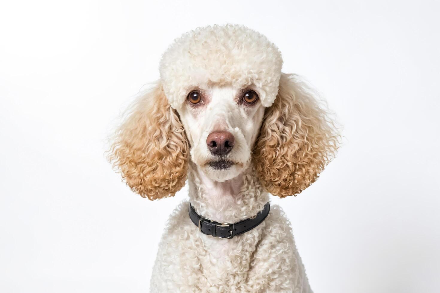 Portrait of a white poodle with brown eyes photo
