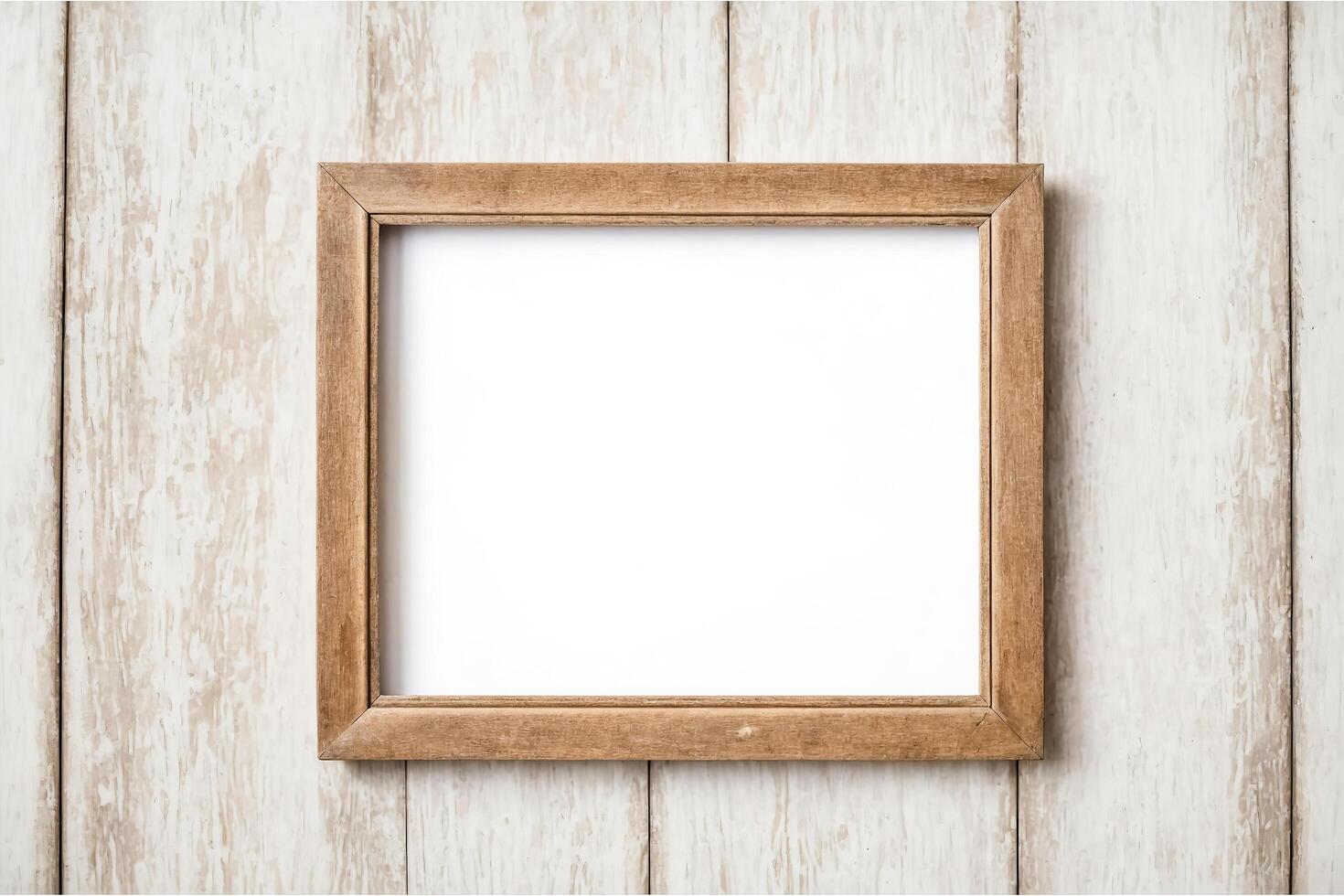 Blank Rustic Wooden Frame on Whitewashed Wood Wall photo