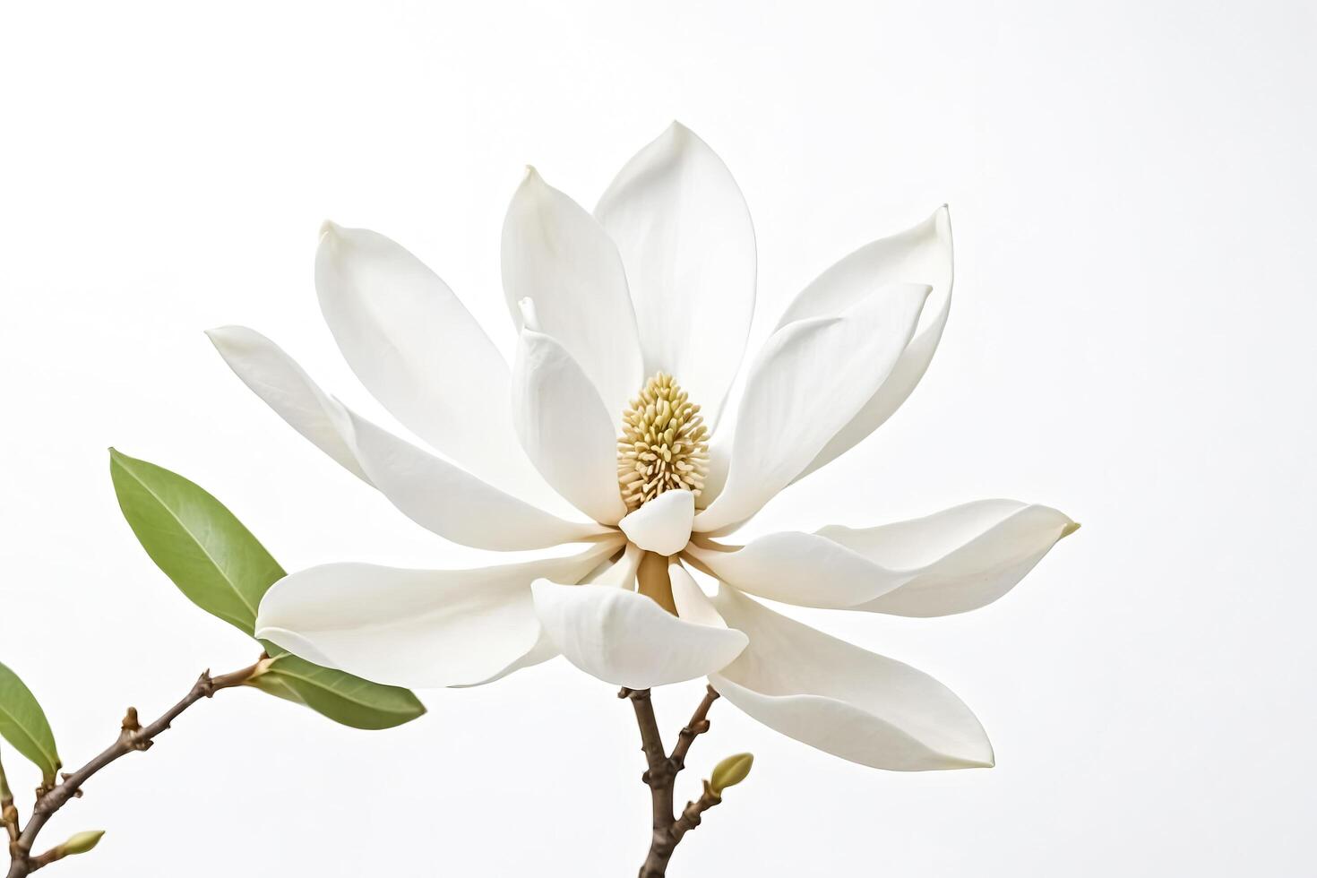 White Magnolia Flower with Green Leaves on White Background photo