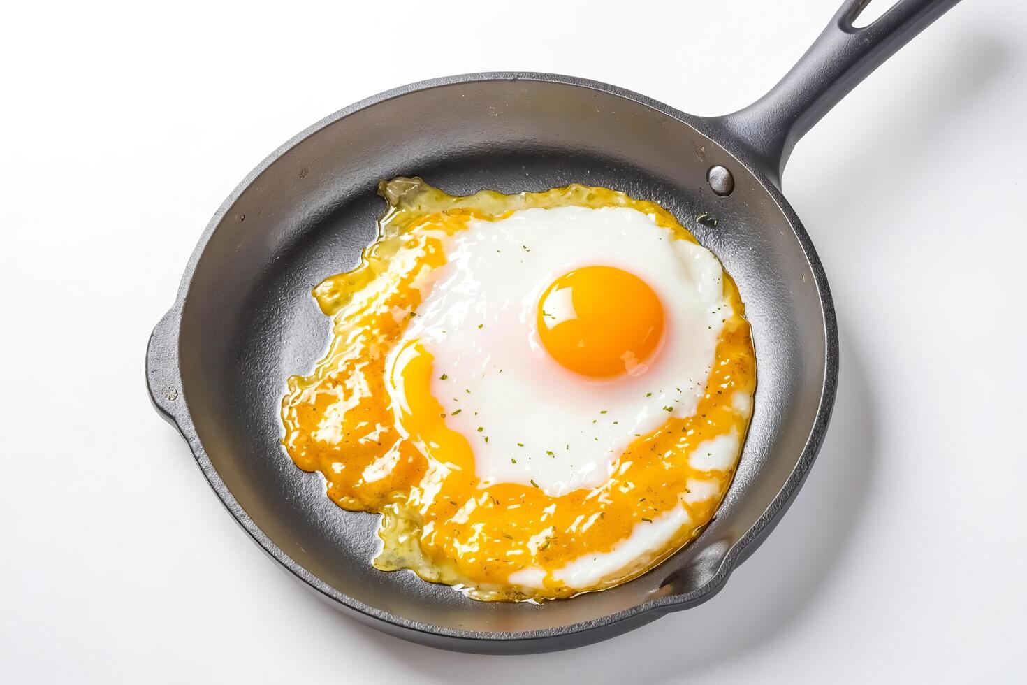Close-up of a fried egg in a black pan photo