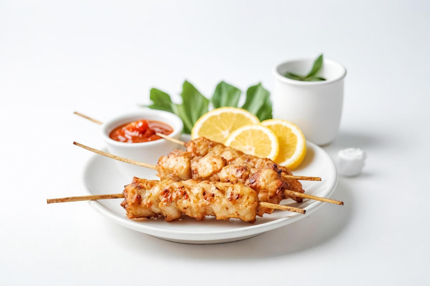 Grilled chicken skewers with lemon slices and sauce photo